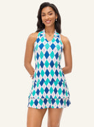 32" Blue and Green Checkerboard V-neck Racerback Sleeveless Dress