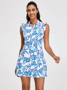 Blue Floral 33" Quarter-zip Ruffled Sleeveless Dress with Shorts