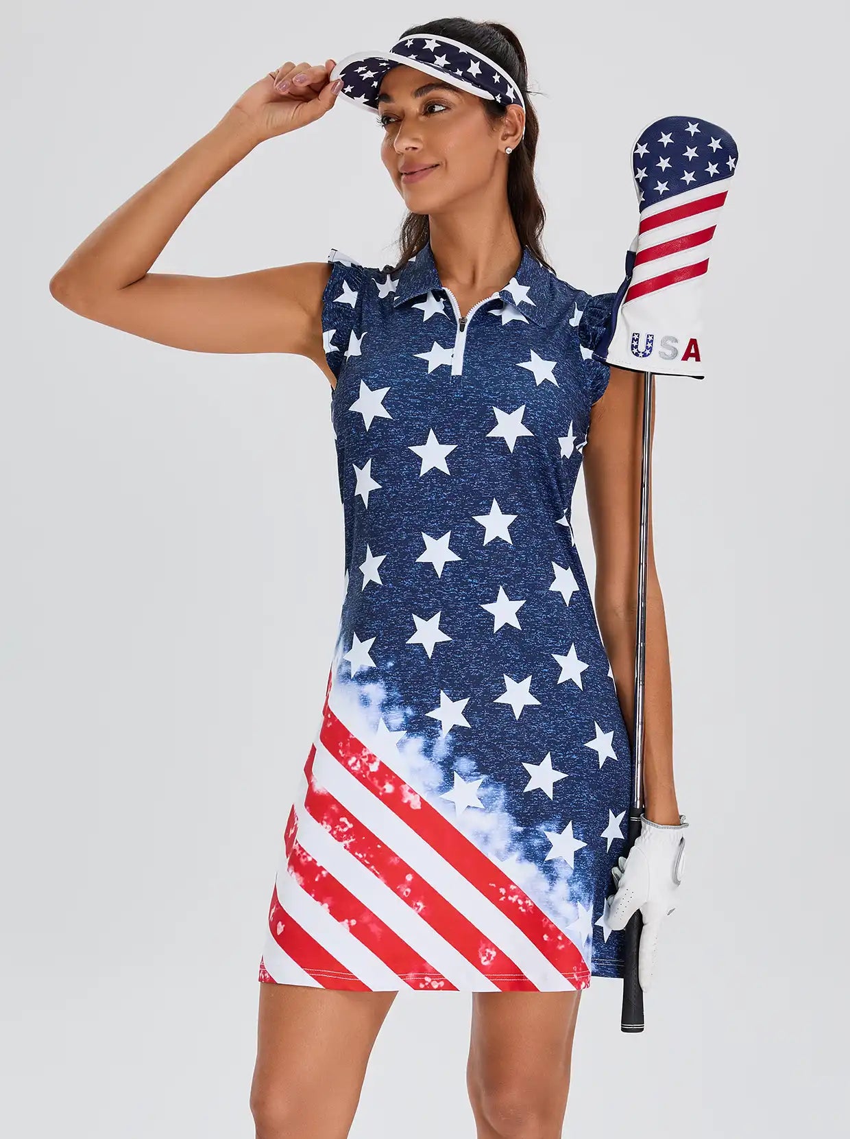 34" Blue Checkerboard Quarter-zip Ruffled Sleeveless Dress with Shorts