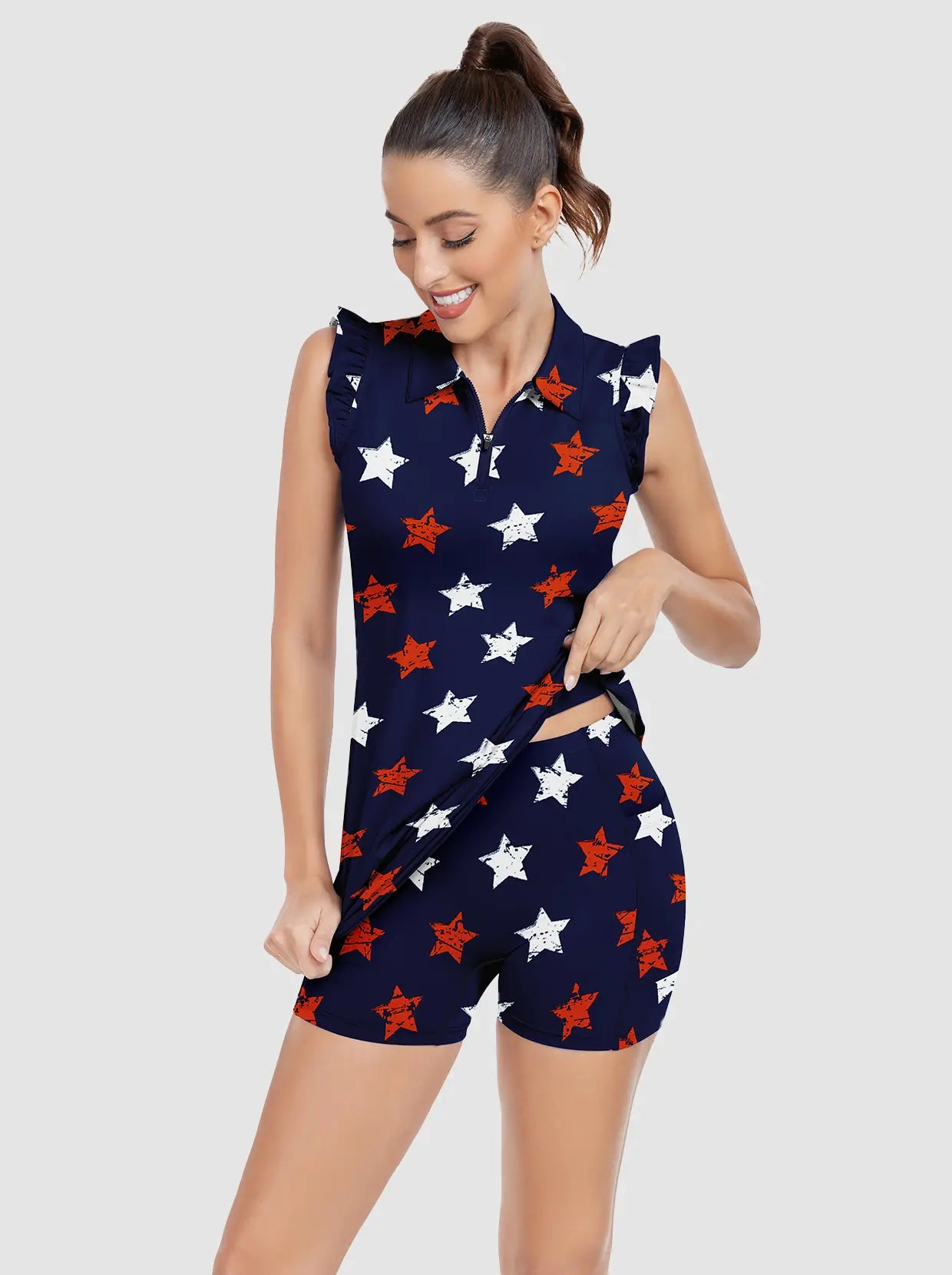 34" White and Red Star Ruffled Sleeveless Active Dress With Shorts 