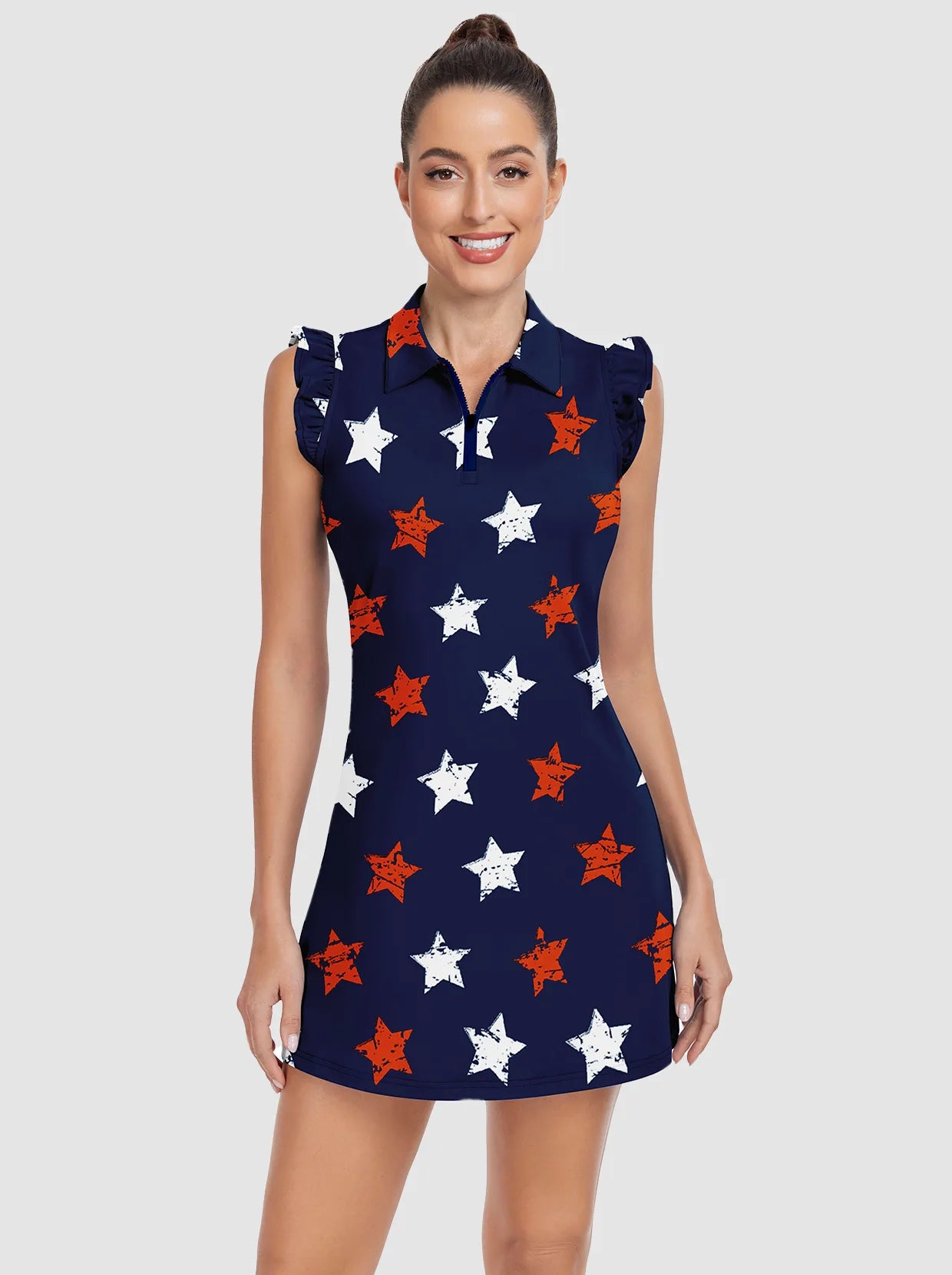 34" Blue Checkerboard Quarter-zip Ruffled Sleeveless Dress with Shorts