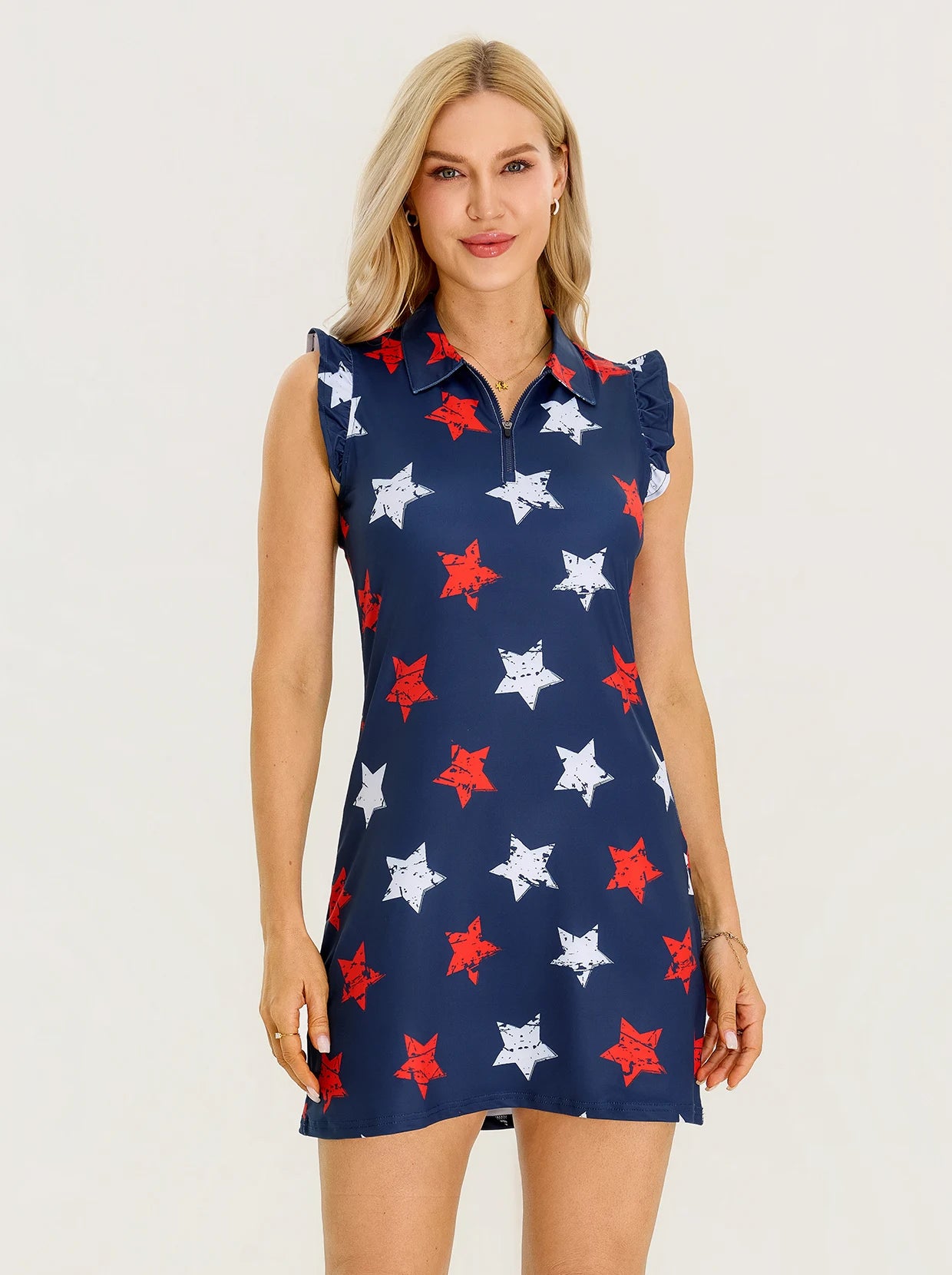 34" White and Red Star Quarter-zip Ruffled Sleeveless Active Dress with Shorts
