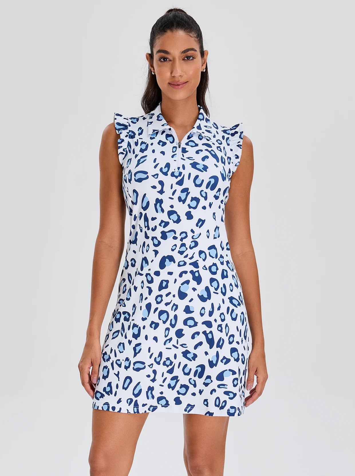 34"Blue Leopard Quarter-zip Ruffled Sleeveless Active Dress