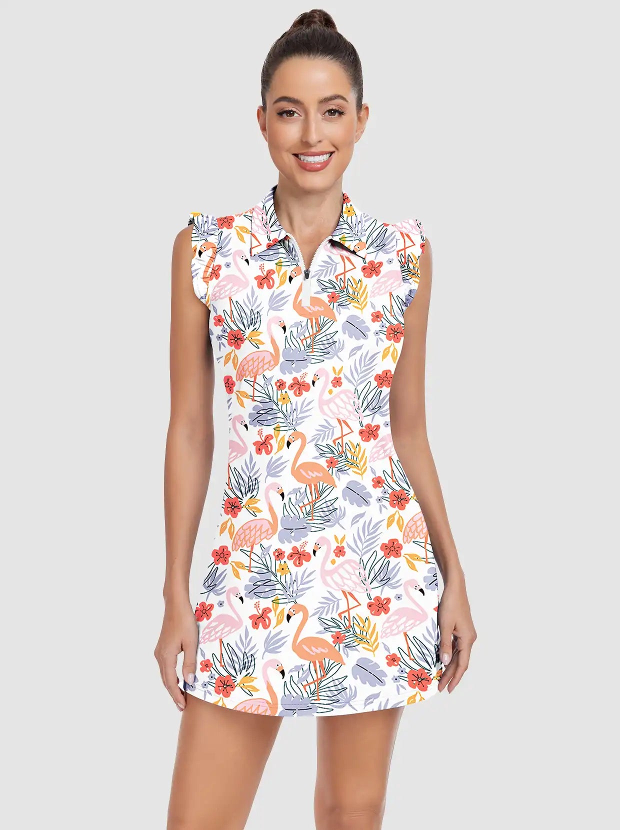 34" Flamingo and Leaf Quarter-zip Ruffled Sleeveless Active Dress 