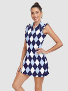34" Blue Checkerboard Quarter-zip Ruffled Sleeveless Active Dress 
