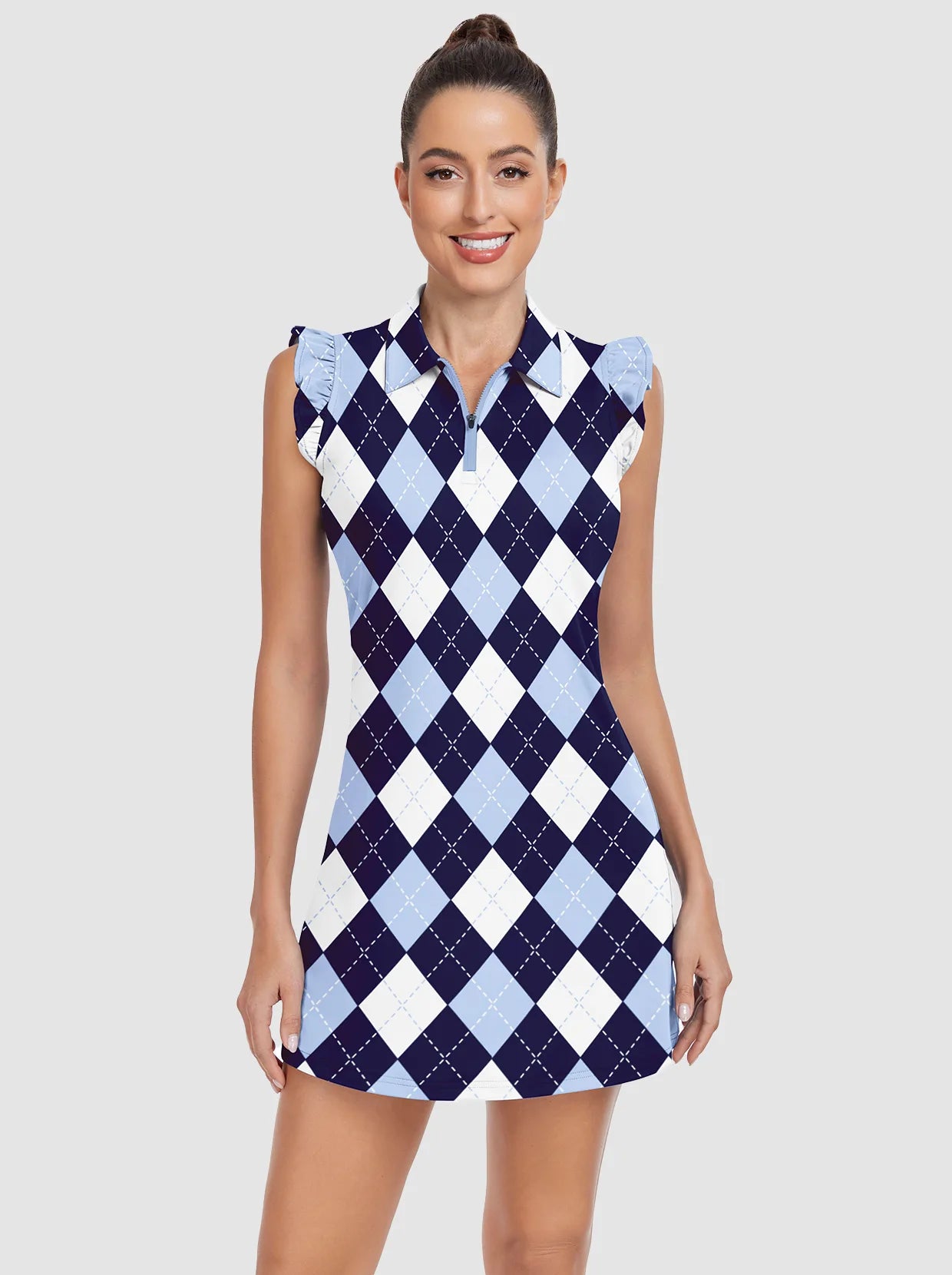 34" Blue Checkerboard Quarter-zip Ruffled Sleeveless Active Dress 