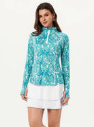 Ladies Green Paisley Quarter-zip Long-sleeve Shirt with Pockets
