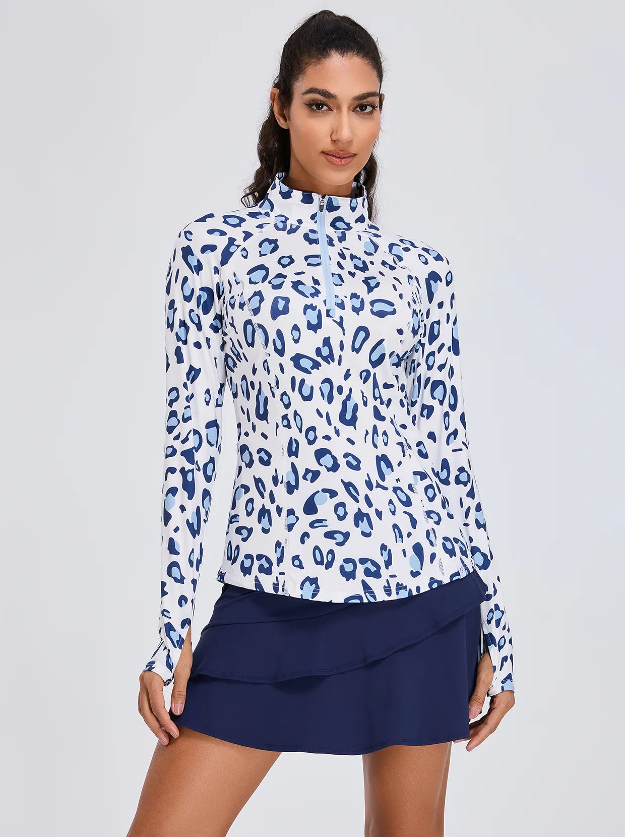 Women's Blue Leopard Quarter-zip Long-sleeve Shirt with Pockets