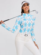 Ladies Blue Checkerboard Quarter-zip Long-sleeve Shirt with Pockets