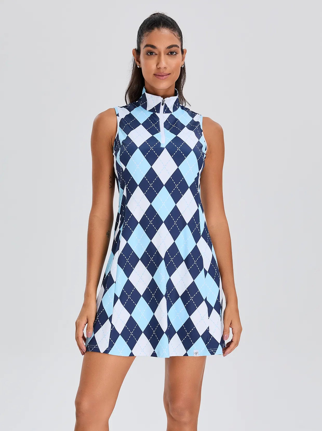33" Checkerboard Zipper Golf Dress with Shorts For Women