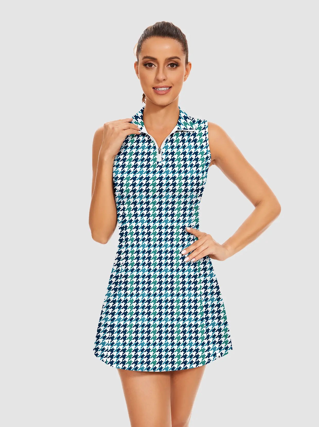 33" Blue Houndstooth Stand-collar Sleeveless Dress with Shorts 