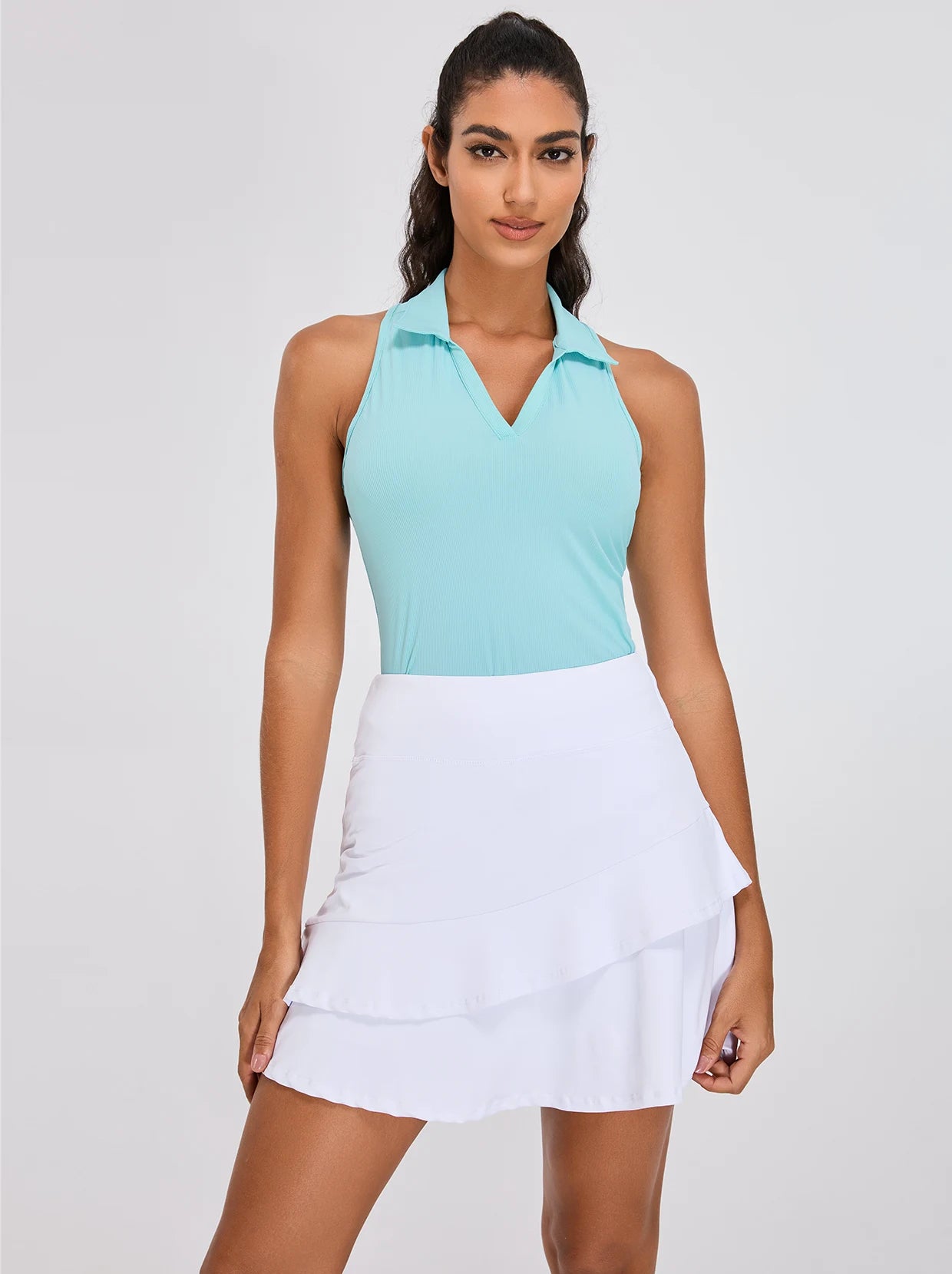 Ladies Ribbed V-neck Racerback Sleeveless Polo Shirt