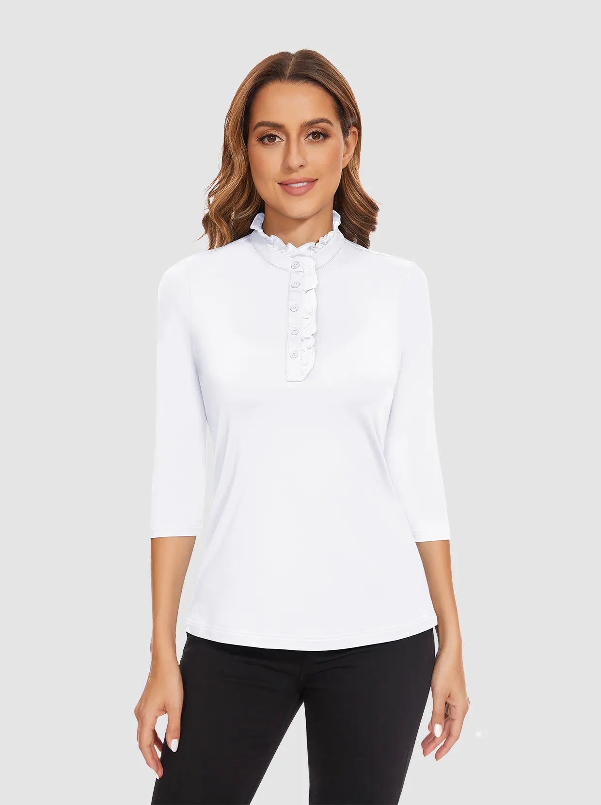 Solid White Ruffled-collar 3/4 Sleeve Polo Shirt for Women