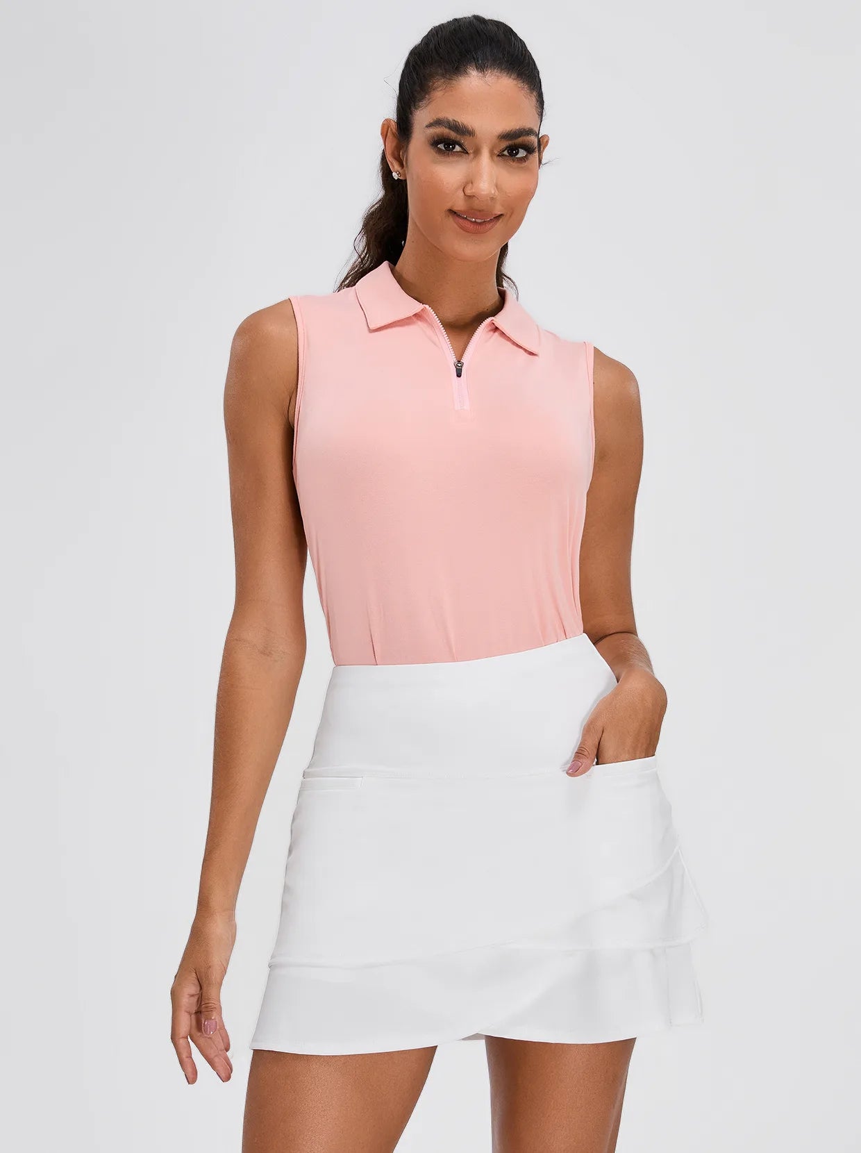 Solid Pink Classic V Neck Sleeveless Polo Shirt