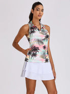Coconut Tree V-neck Racerback Sleeveless Polo Shirt with Pockets 