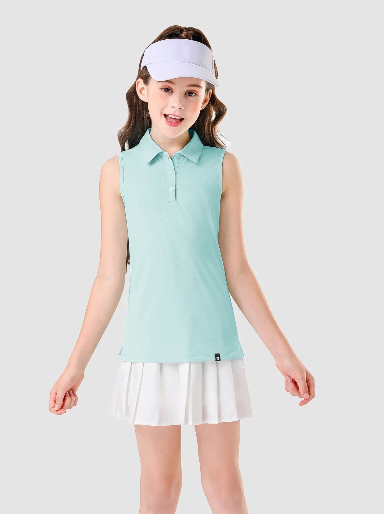 Girls Solid Color Button-placket Sleevless Polo Shirt
