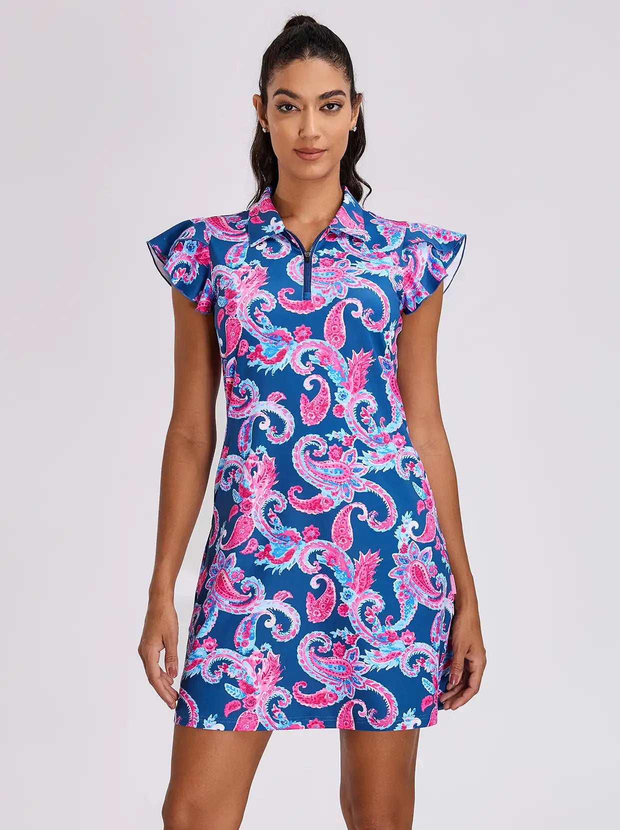 Women's Paisley 34" Quarter-zip Ruffled Sleeve Golf Dress with Pockets 