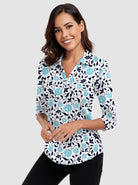 Women Blue Flower 3/4 Sleeve V-neck golf Polo Shirt