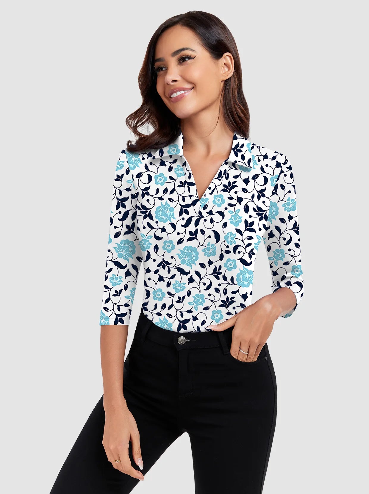 Women Blue Flower 3/4 Sleeve V-neck golf Polo Shirt