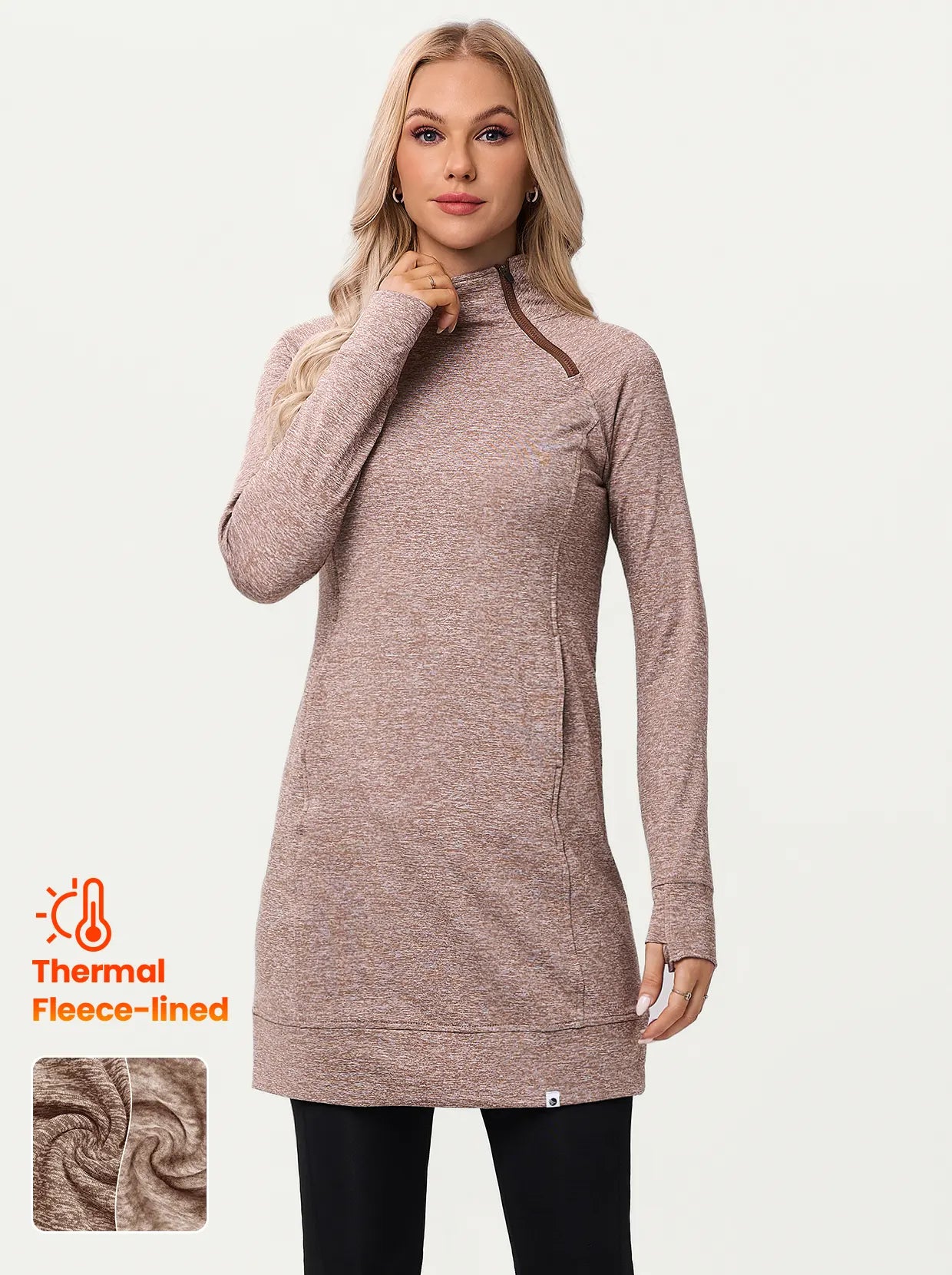 Side-zip 35" Mock Neck Long-sleeve Fleece Dresses