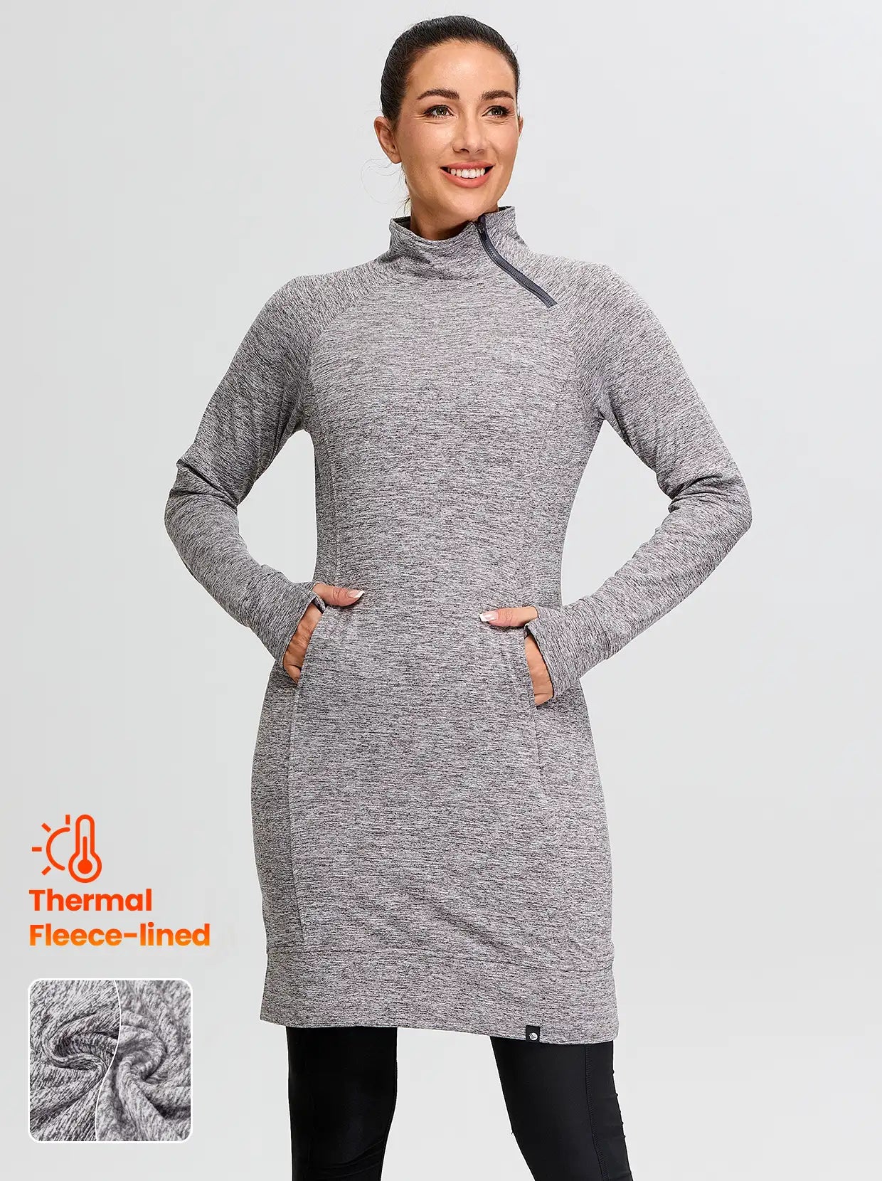 Side-zip 35" Mock Neck Long-sleeve Fleece Dresses