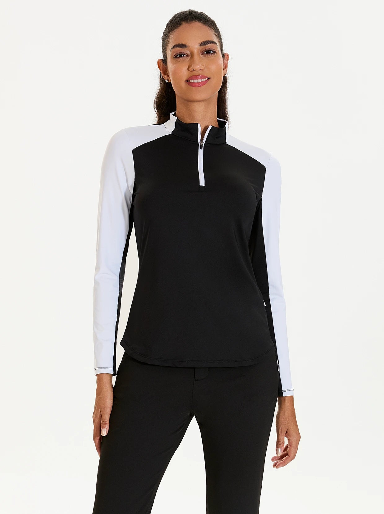 Black Quarter-zip Long-sleeve Polo Shirt for Women