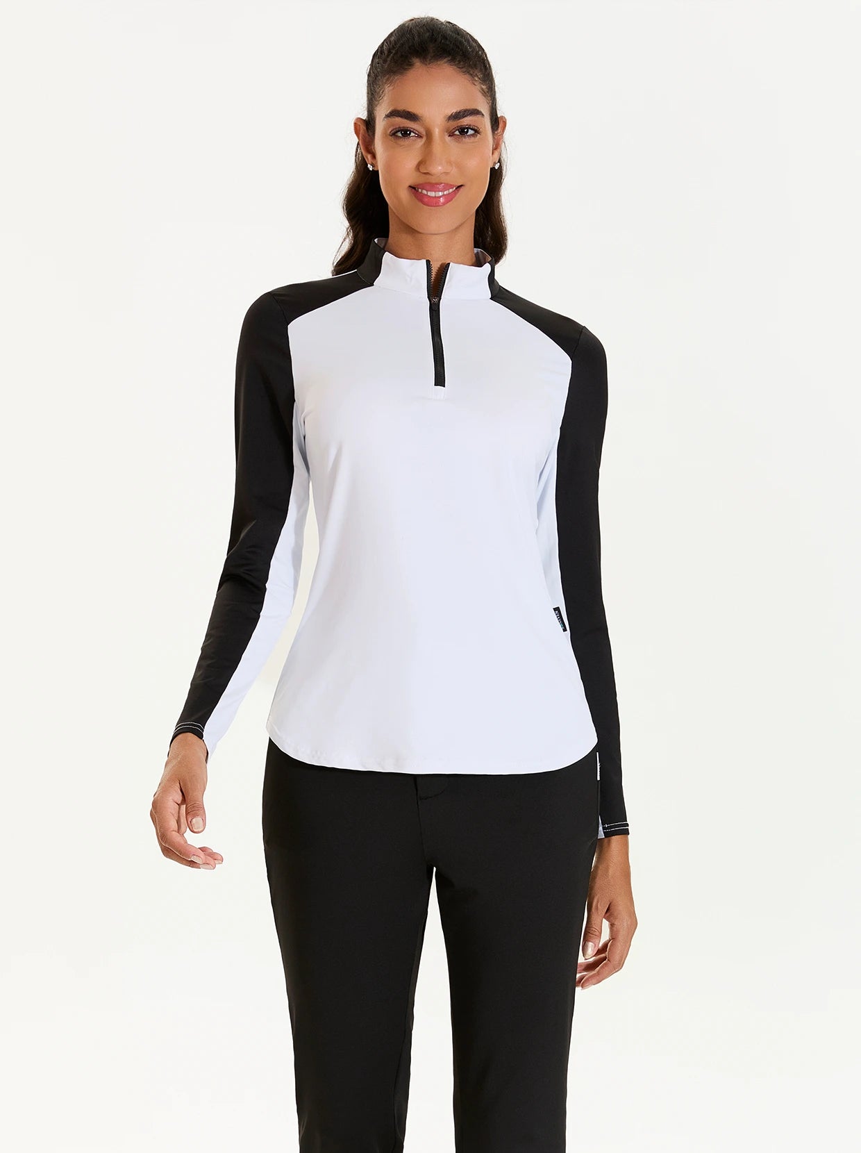 White Stand-collar Long-sleeve Polo Shirt for Women