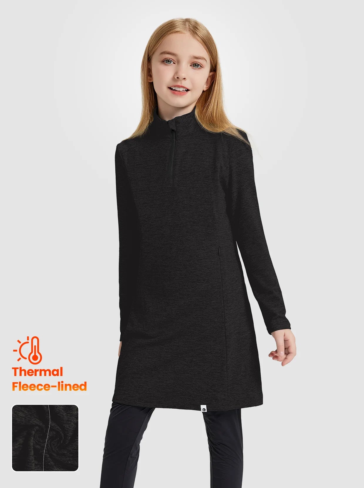Girls Quarter-zip Long-sleeve Fleece Dresses with Pockets