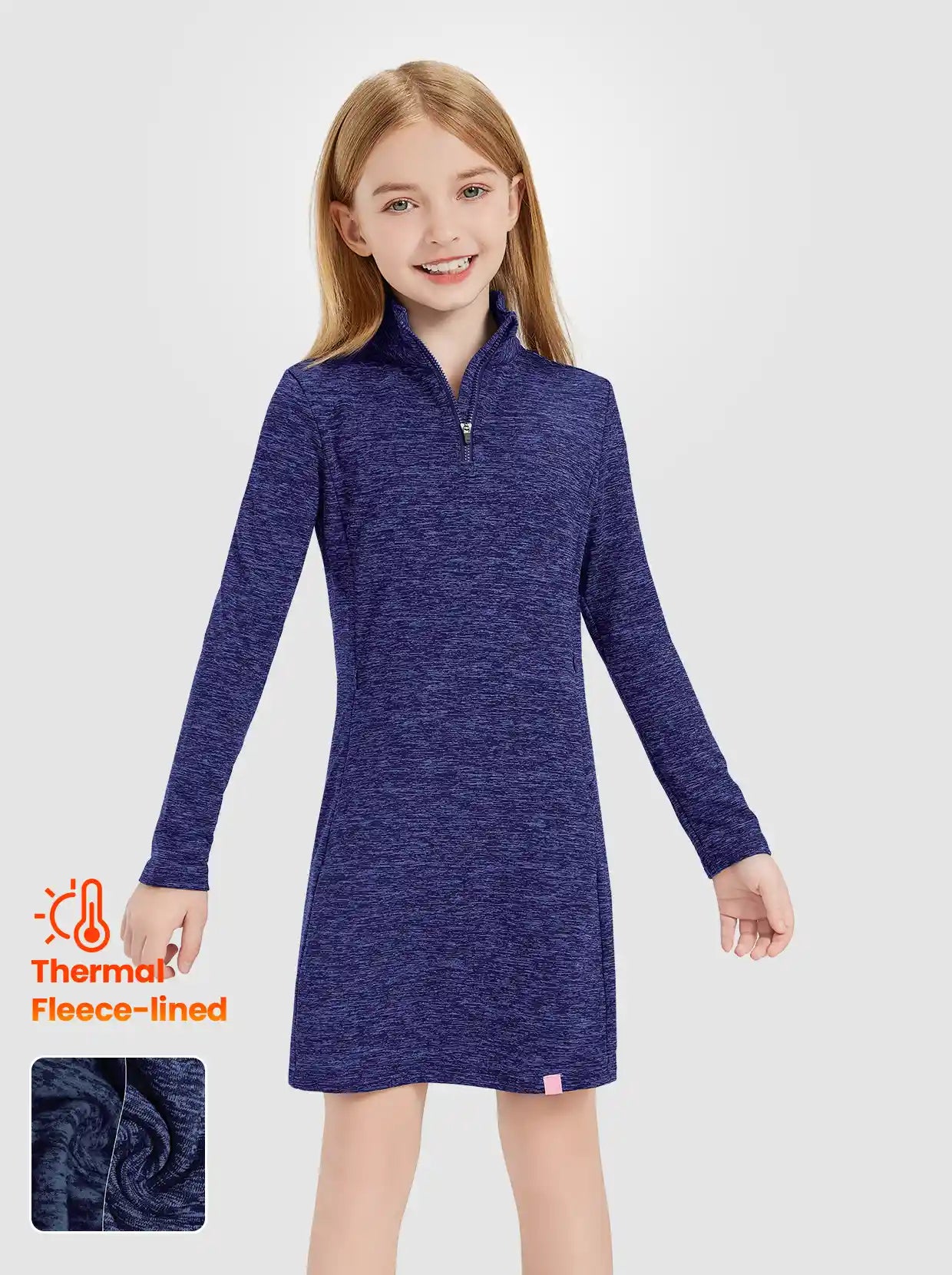 Girls Quarter-zip Long-sleeve Fleece Dresses with Pockets