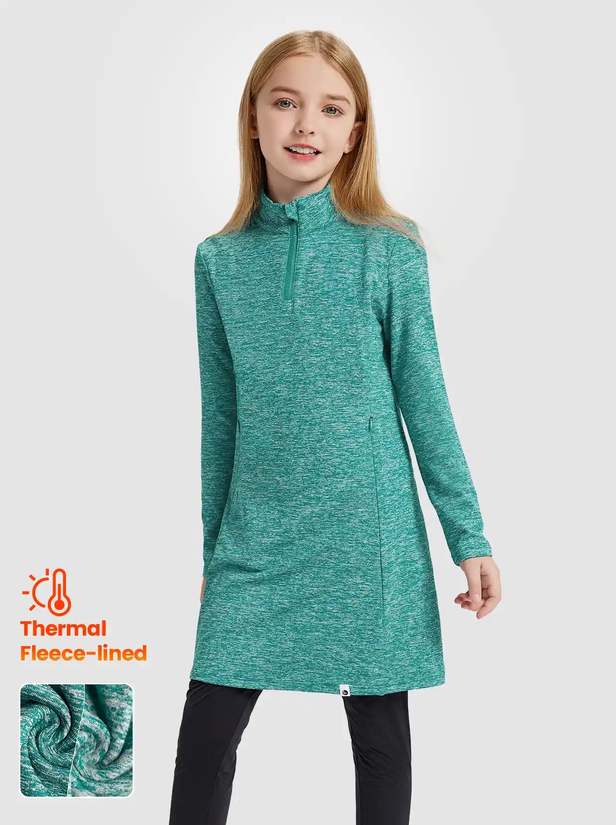 Girls Quarter-zip Long-sleeve Fleece Dresses with Pockets