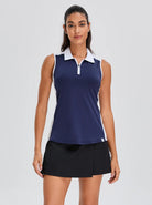 Solid Color Quarter-zip Sleeveless Polo Shirt For Women