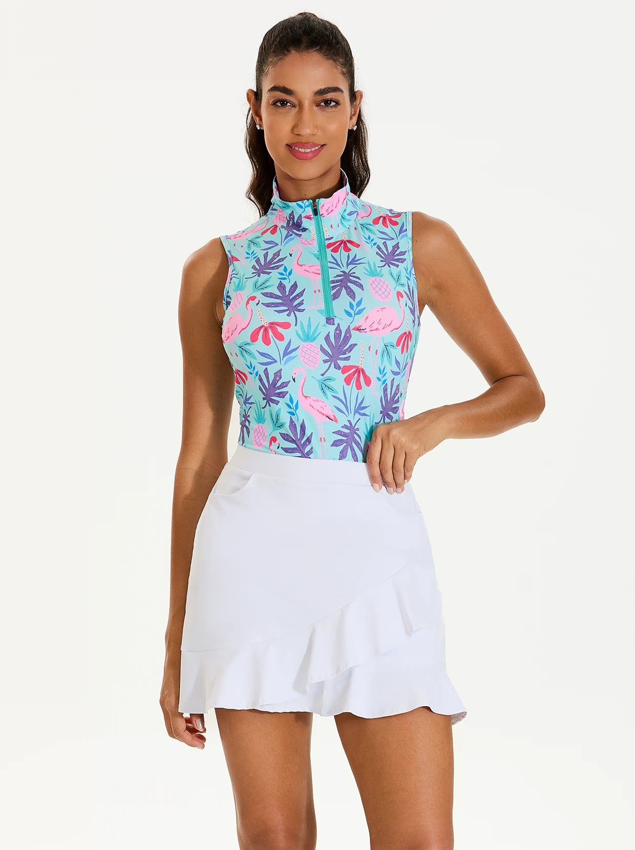 Flamingo and Leaf Print Quarter-zip Sleeveless Polo Shirt For Women