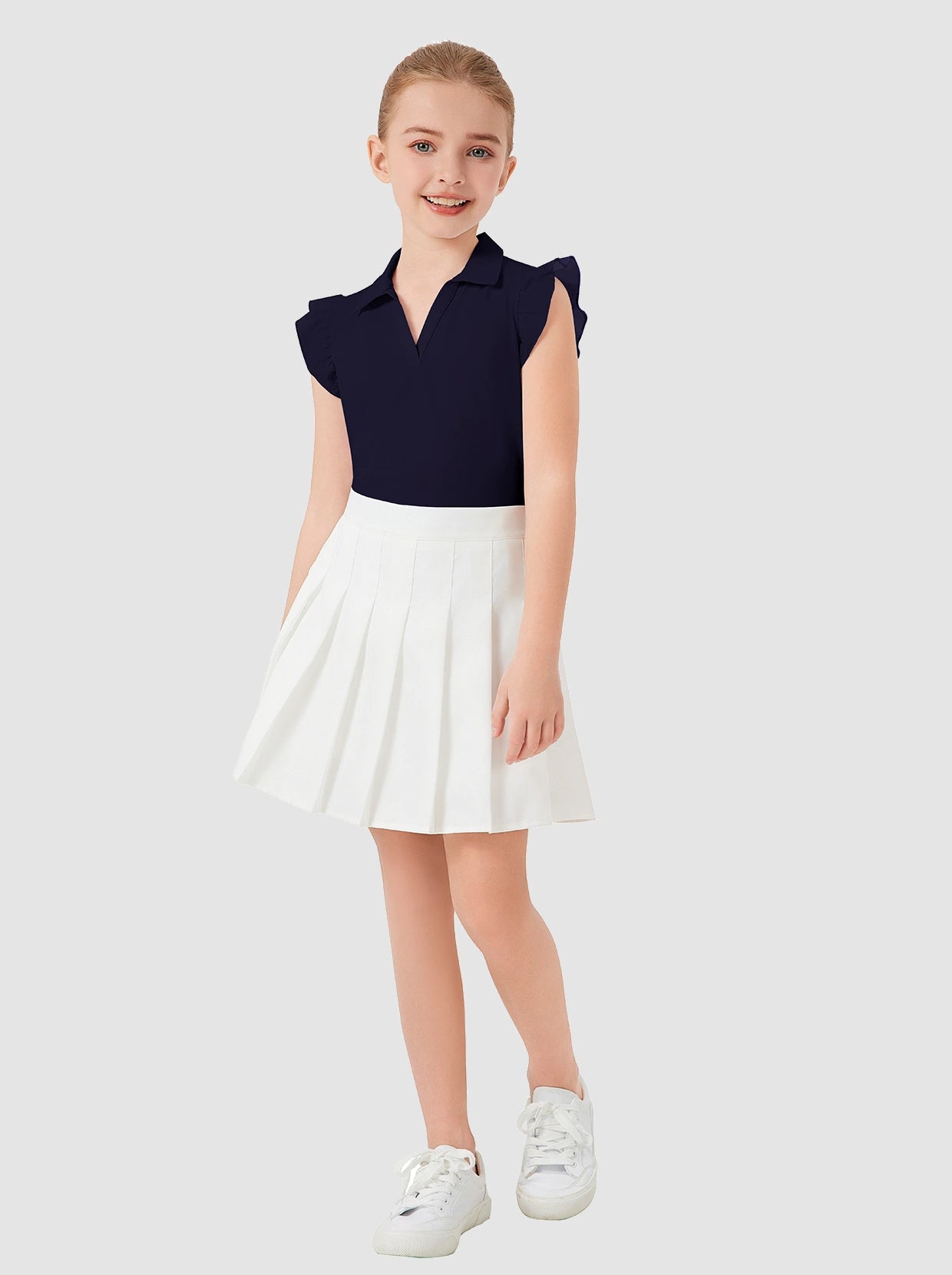 Solid Color V-neck Ruffled Sleeveless Polo Shirt for Girls