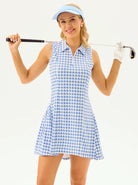 Women's 34" Blue Houndstooth Quarter-zip Sleeveless Polo Dress with Shorts