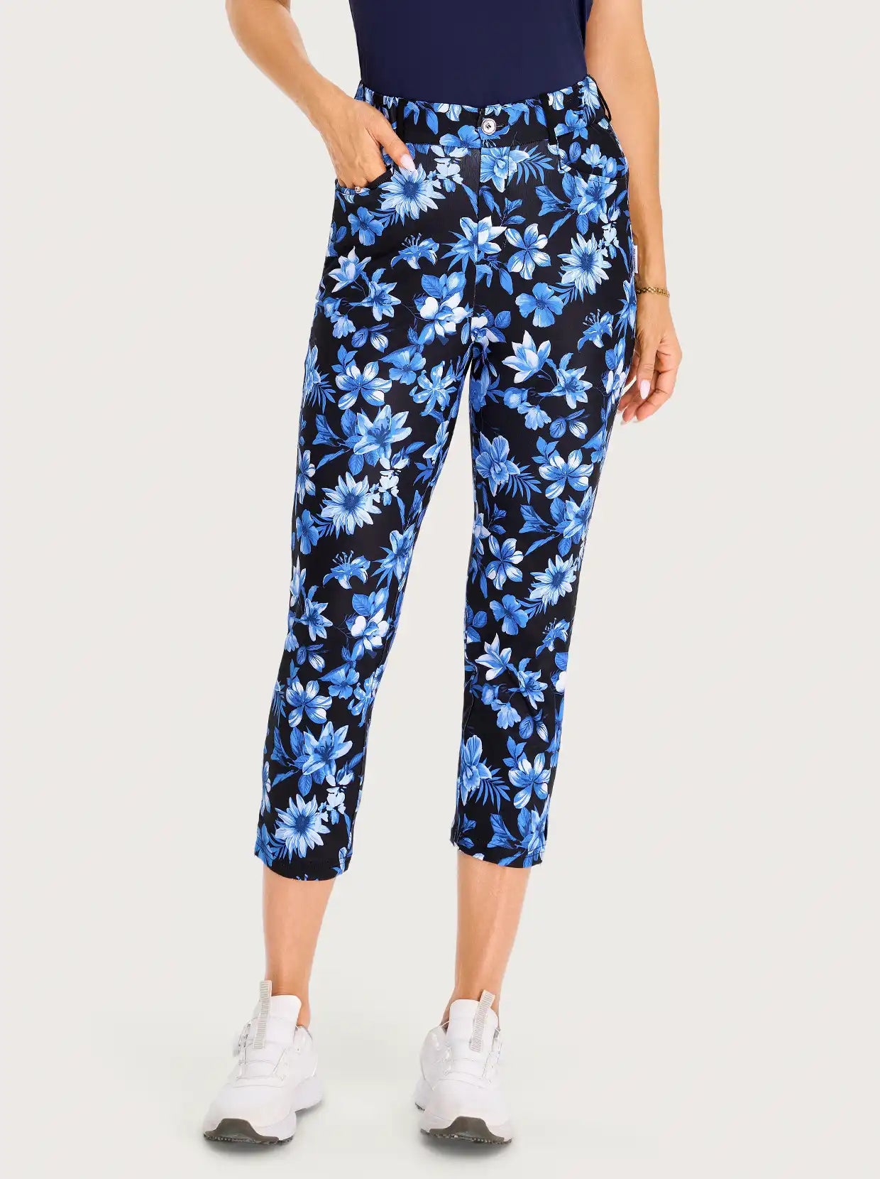 High-Stretch Black Houndstooth Pattern 7/8 Pants with Pockets