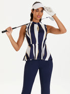 Ladies Striped Pattern Button-down Sleeveless Peplum Top