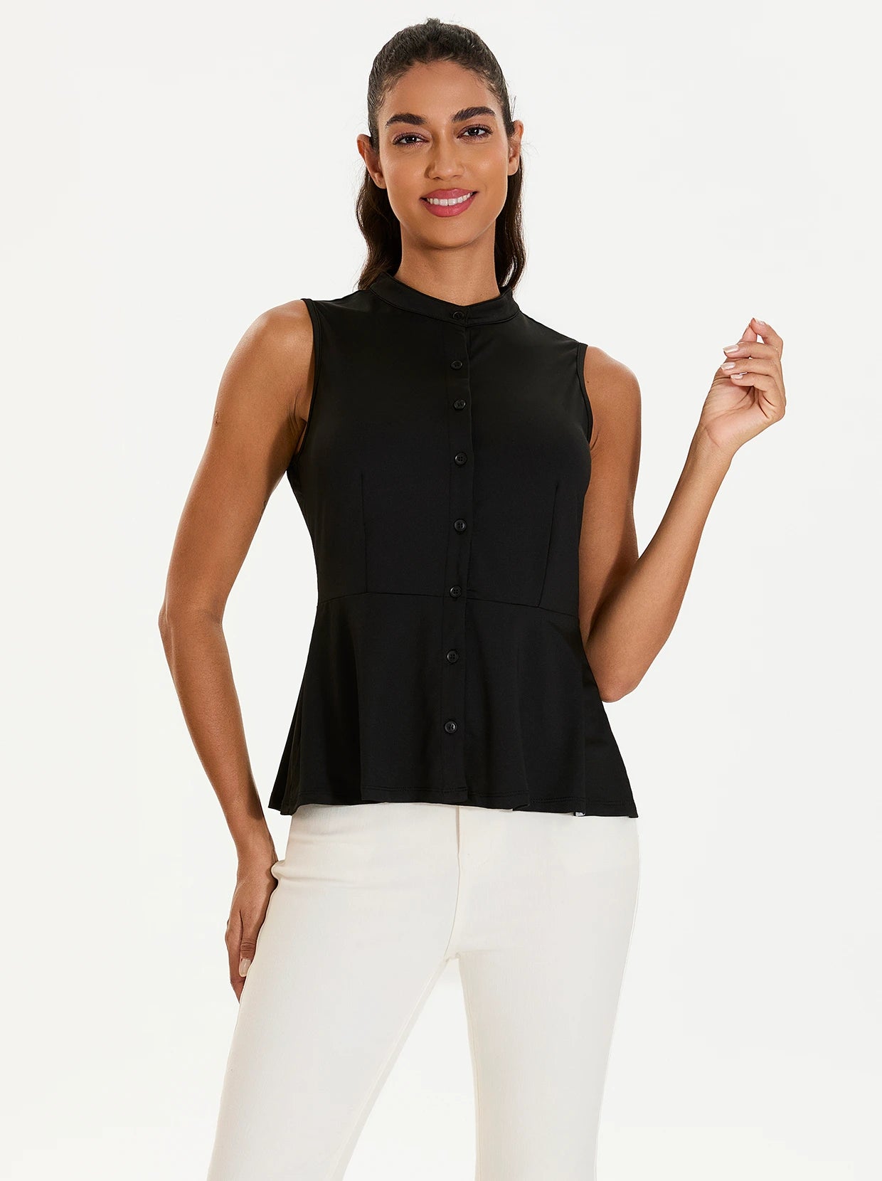Basic Stand-collar Button-down Sleeveless Peplum Top for Women