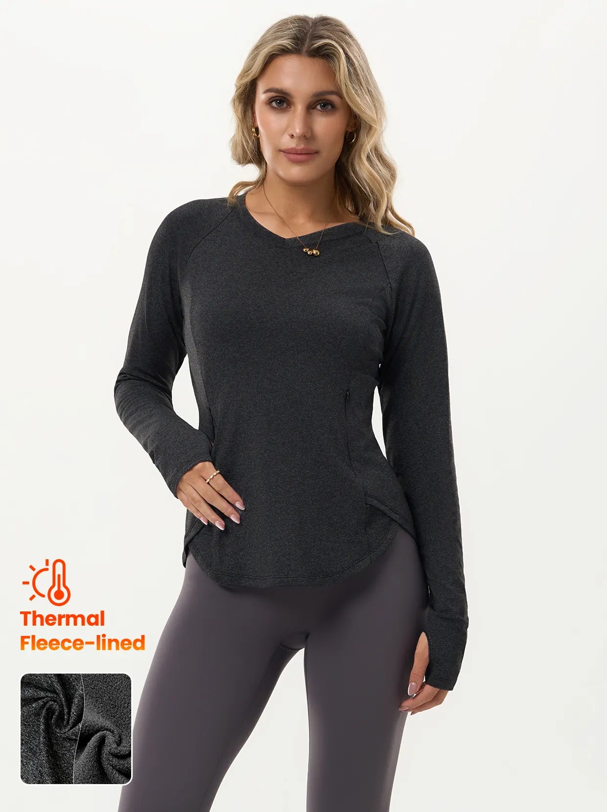 Basic V-neck Long-sleeve Thermal Tunic Tops with Pockets