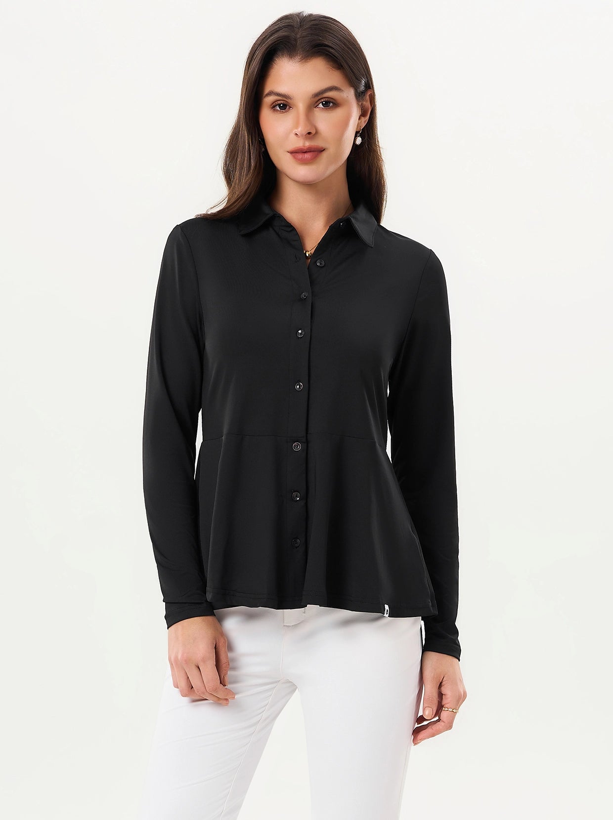 Basic Peplum Button-down Long-sleeve Polo Shirt