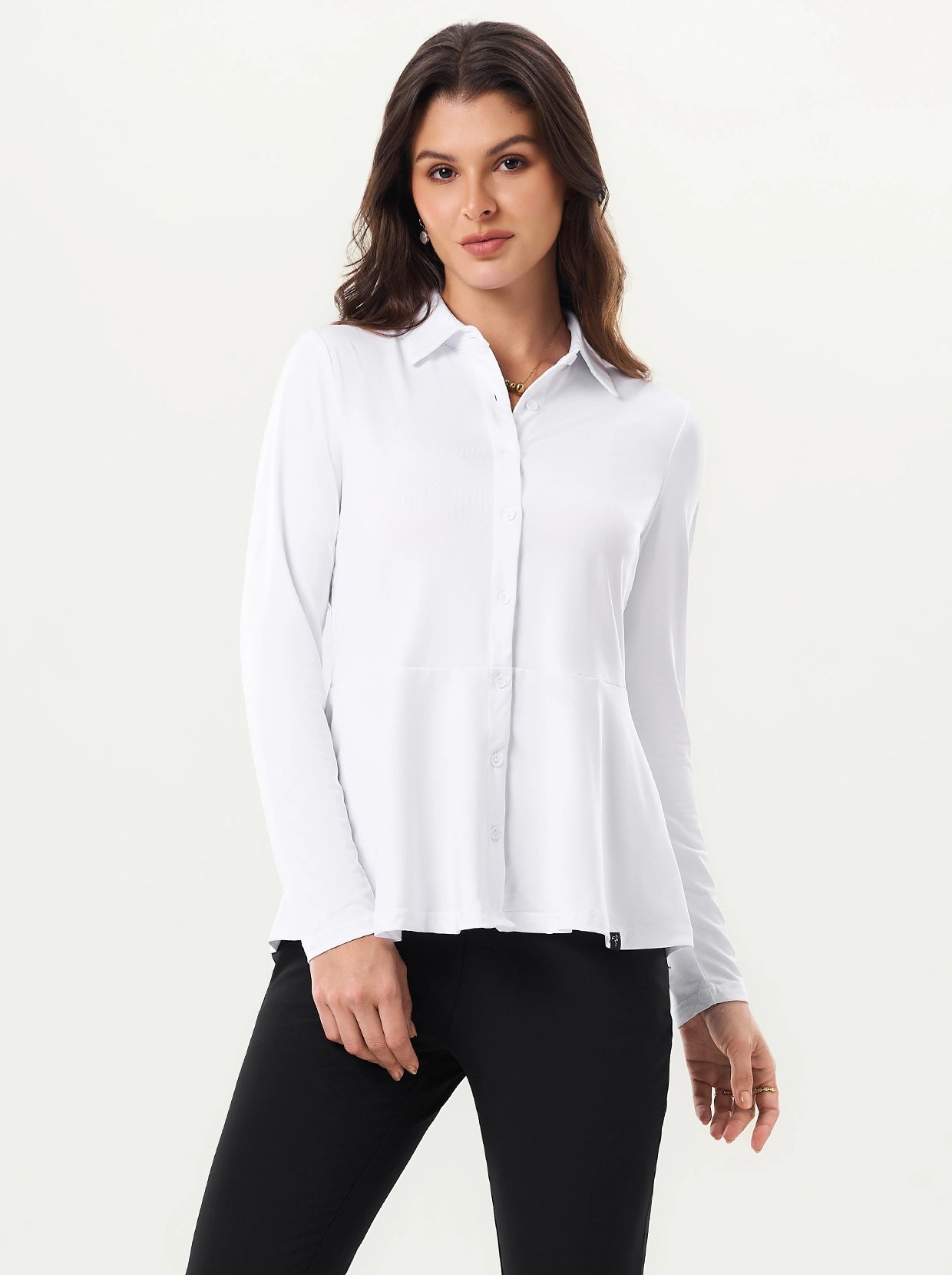 Basic Peplum Button-down Long-sleeve Polo Shirt For Women