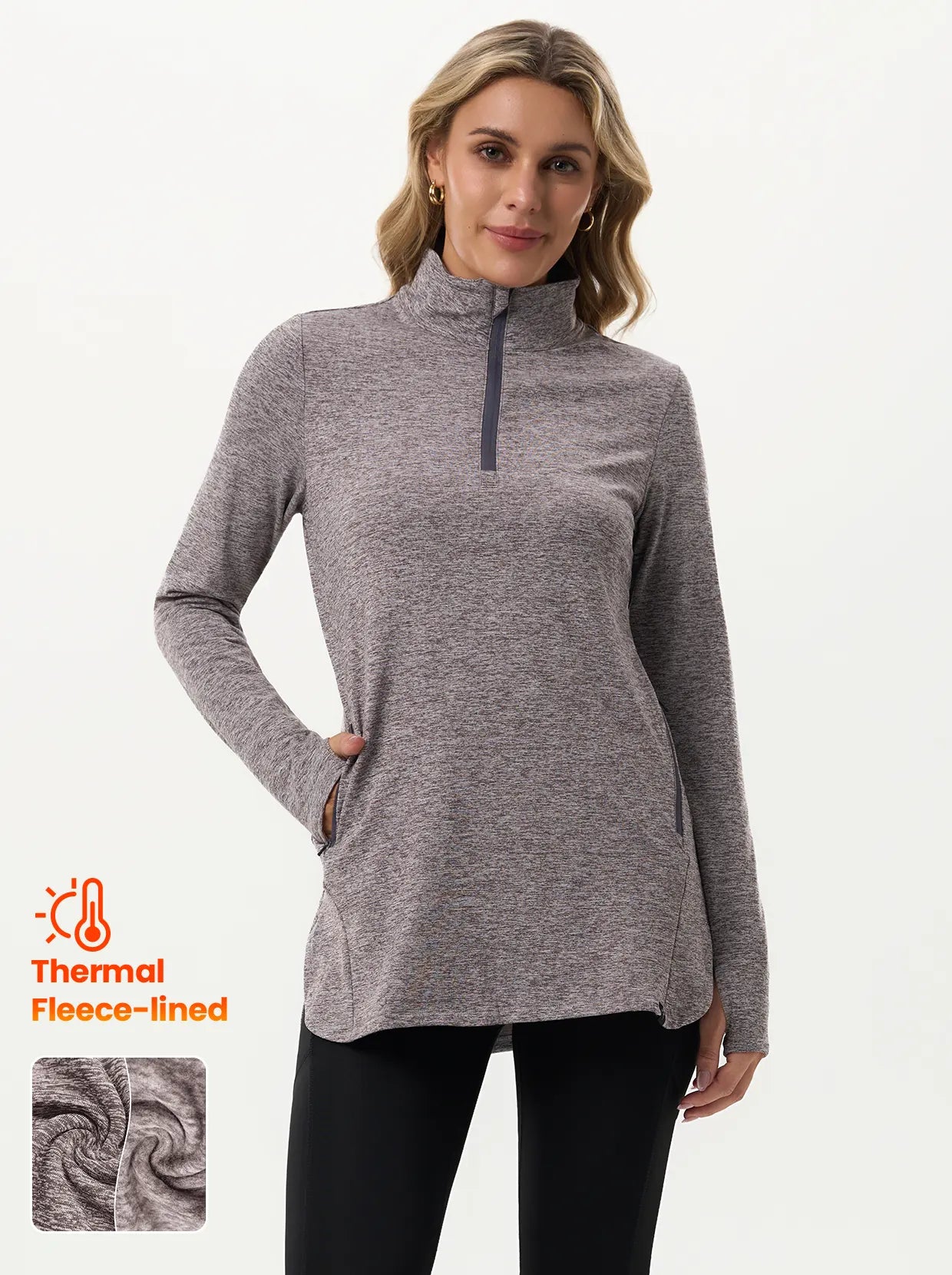 Quarter-zip Long-sleeve Thermal Tops with Curved Split Hem