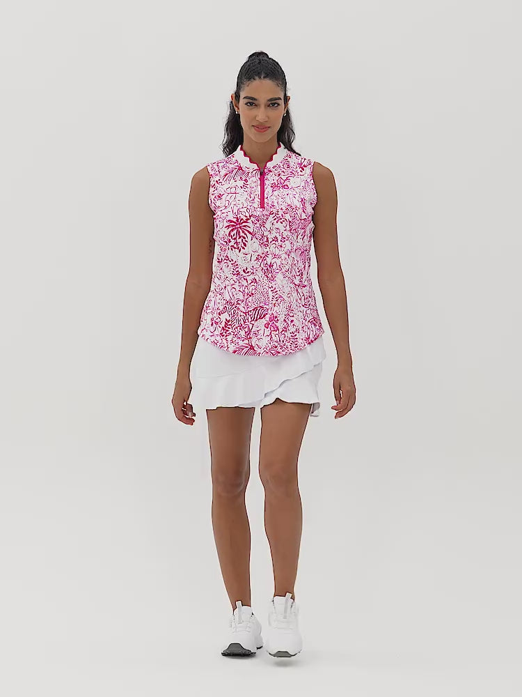 Pink Wildlife Pattern Ruffled Quarter-zip Sleeveless Polo